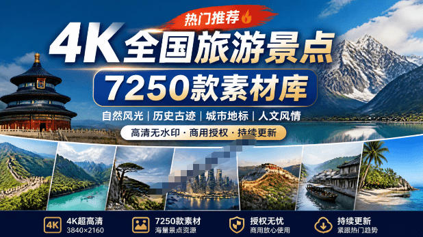 热门全国旅游风景素材!4K全国旅游景点素材库,7250款素材,旅行达人城市航拍风景风光高清短视频-勇哥博客