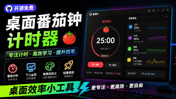 仅1.16MB，开源极简的桌面时钟、番茄钟计时器，还支持系统监控显示，桌面效率小工具Catime-勇哥博客