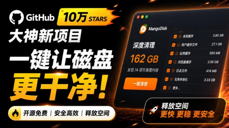 在Gtihub上做出10万stars的大神,又发布新项目了!一键让磁盘更干净,开源免费清理工具MangoDisk-勇哥博客