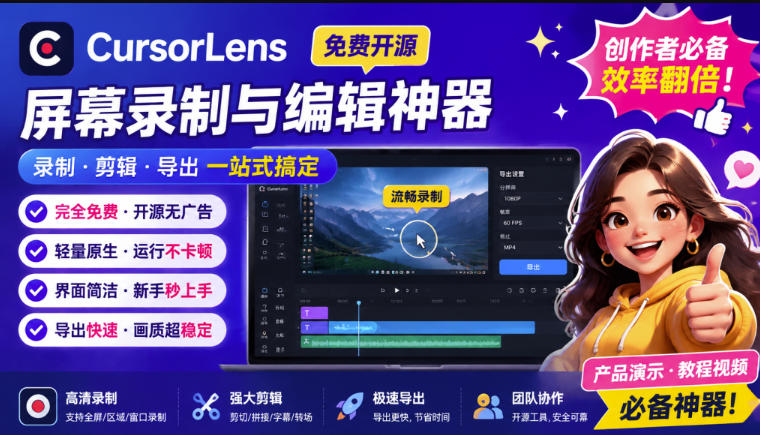 CursorLens免费开源录屏工具,支持自动缩放,教程视频录制必备神器-勇哥博客
