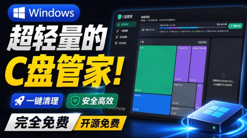Windows超轻量的C盘管家!超级有特点,支持磁盘分析及清理提醒,2M大小体积,完全免费C盘管家-勇哥博客