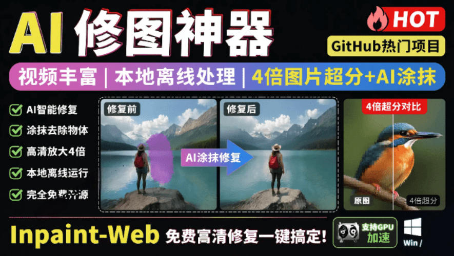 本地离线处理,4倍图片超分+AI涂抹去水印!Github上热门神器,免费高清修复图一键搞定!Inpaint-Web-勇哥博客