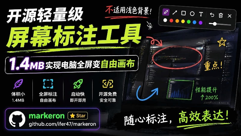 开源轻量级屏幕标注工具,1.4MB实现电脑全屏变自由画布!支持8种标注工具和全键盘操控MarkerOn-勇哥博客