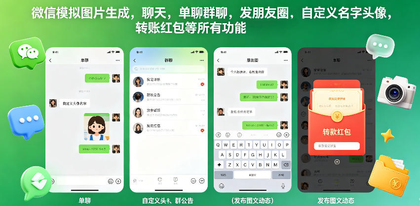 微信模拟图片生成,聊天,单聊群聊,发朋友圈,自定义名字头像,转账红包等所有功能都可以生成-勇哥博客