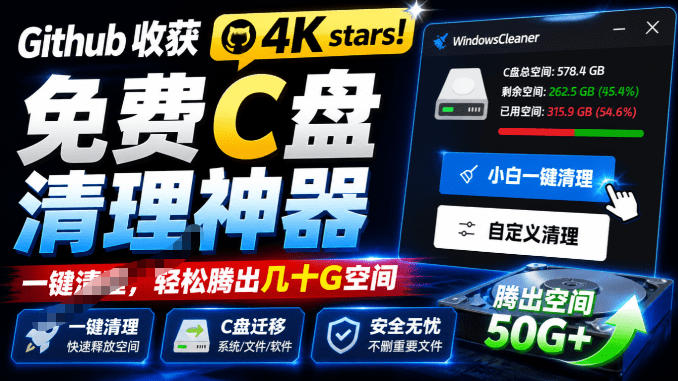 Github收获4K stars!免费C盘清理神器,轻松腾出几十G空间,支持C盘迁移Windows Cleaner-勇哥博客